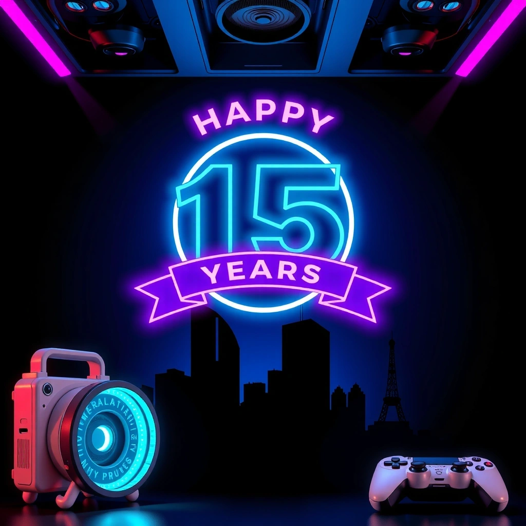 Fondo de celebración del 15º aniversario con elementos neón